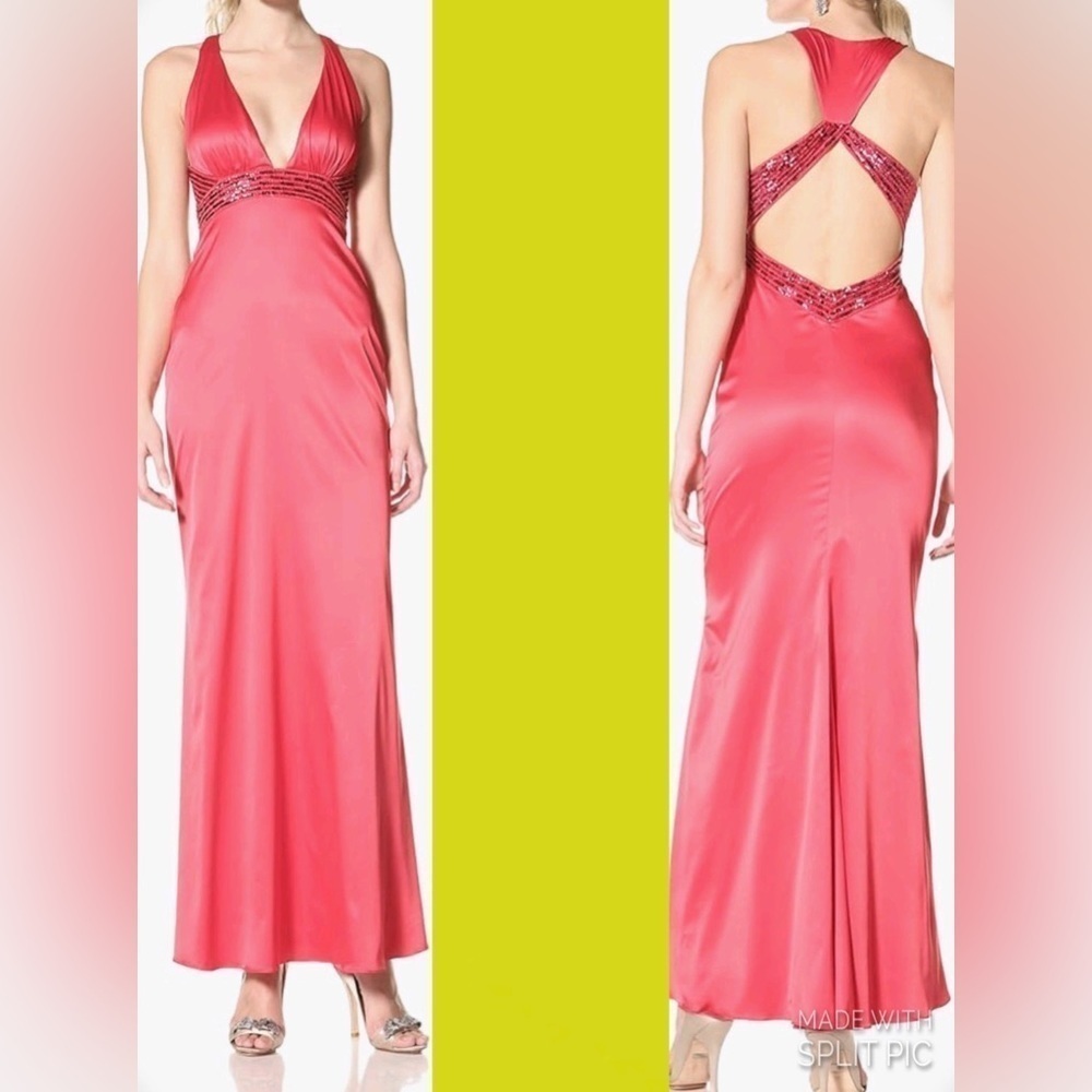 Jessica Simpson beaded halter satin full length dress in sulphur spring